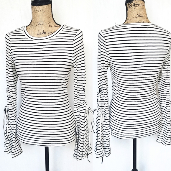 MISS CHIEVOUS black striped lace-up bell sleeve top - Picture 1 of 5